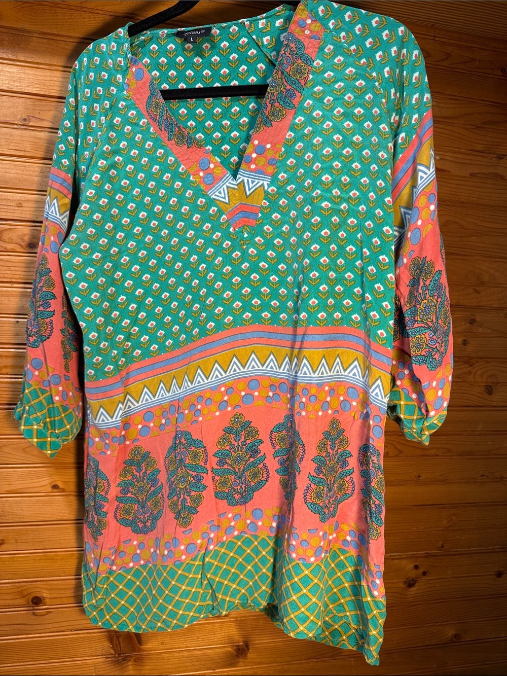 Tolani Floral V-Neck silk Tunic in green & Coral